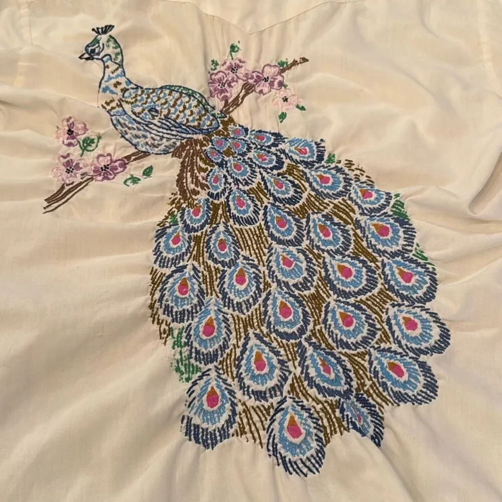 ATA Vintage 70s Authentic Western Pearl Snap Shirt Embroidered Peacock Floral Yo